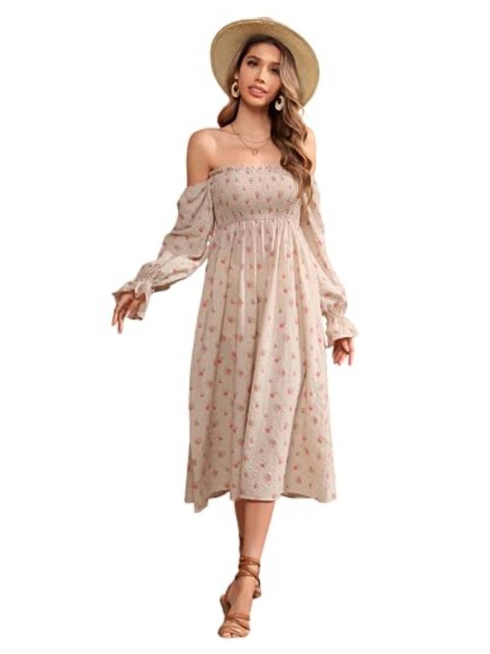 Women's Boho Off Shoulder Long Sleeve Midi Dress